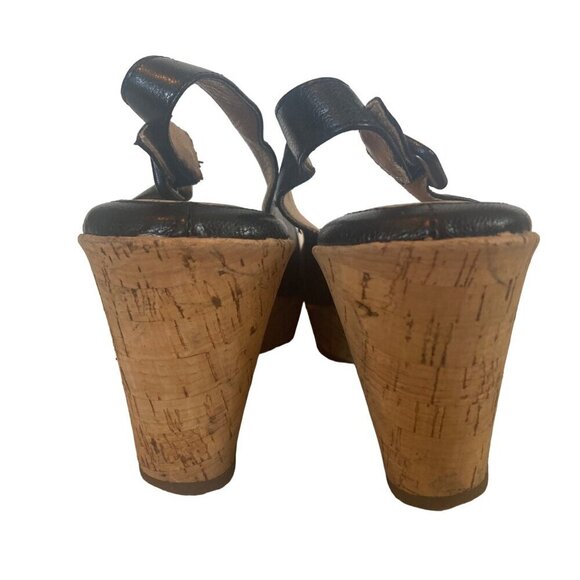Sofft Black Leather Wedge Sandals Womens 7.5 Peep Toe Cork Heel Adjustable Strap - Picture 5 of 11